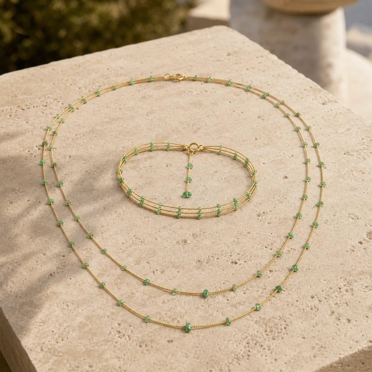 Conjunto Ravello Duplo & Triplo em Ouro 18K com Esmeraldas Naturais