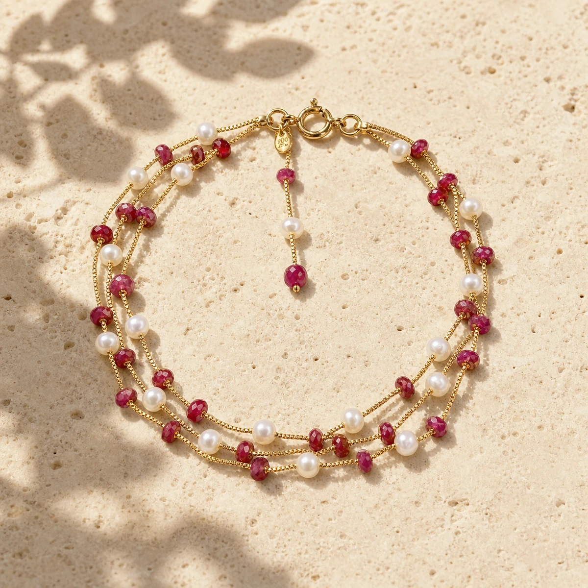 Pulseira Positano Tripla em Ouro 18K com Rubis e Pérolas